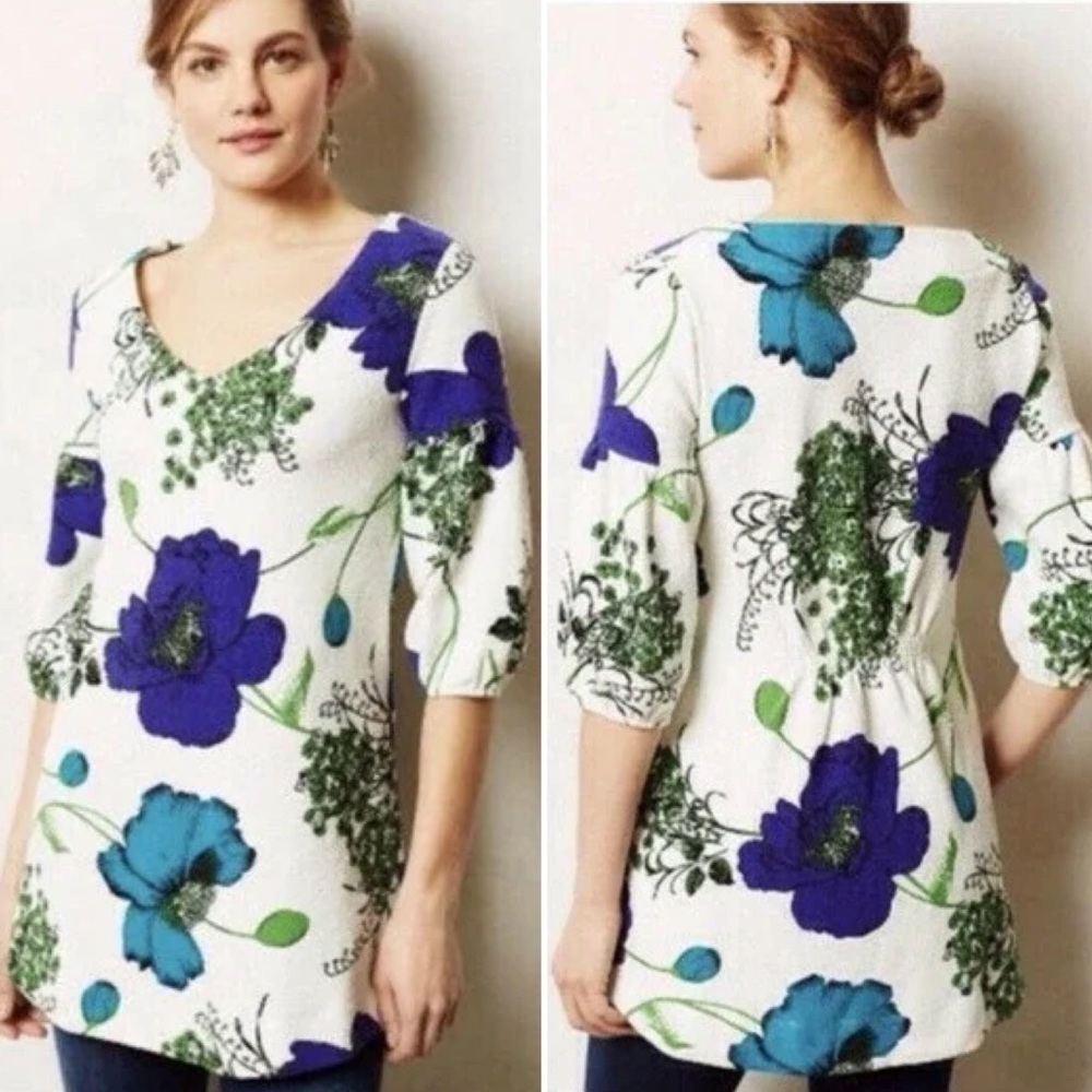 ANTHROPOLOGIE Deletta White w/ Blue Floral Textured Puff Sleeve Mini Dress | XS